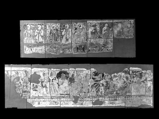 T 243: Oben: Stifter: Laien und Mönche,(Platten teilweise falsch zusammengesetzt); unten: Frauen in Miedern Ritter und Predigt- und Legendenszenen