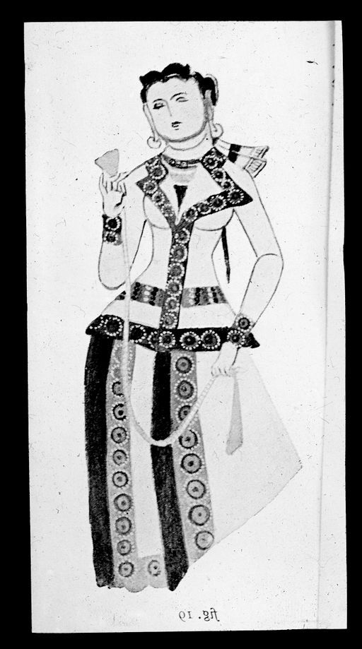 T 247: Aquarellierte Zeichnung Grünwedel einer Wandmalerei: Dame mit Jacke mit Kreisborten