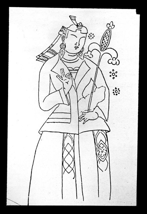 T 249: Zeichnung Grünwedel einer Wandmalerei: Dame mit eng anliegender Jacke trägt Cornucopia