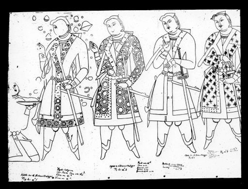 T 252: Zeichnung Grünwedel einer Wandmalerei: 4 Stifter + ein kniender Diener