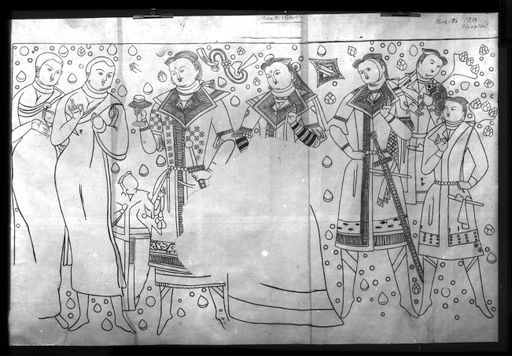 T 253: Zeichnung Grünwedel einer Wandmalerei: zwei Mönche und Stifterfailie