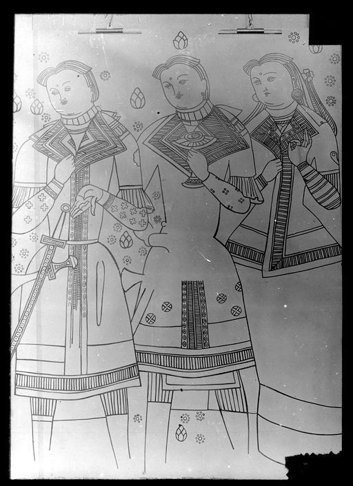 T 255: Zeichnung Grünwedel einer Wandmalerei: Stifter, 2 Herren und eine Dame