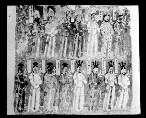 T 263: Zwei Reihen uigurischer Stifter mit verschiedenen Kopfbedeckungen und Namenskartuschen