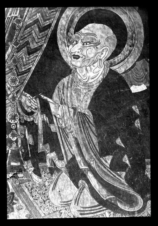 T 300: Detail der Praṇidhi-Szene Nr. 11: Tocharischer Mönch übergibt ein Gewand