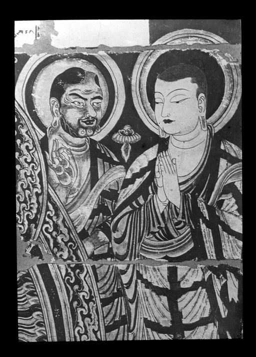 T 301: Detail aus Praṇidhi-Szene Nr. 5: zwei Mönche im Flickengewand