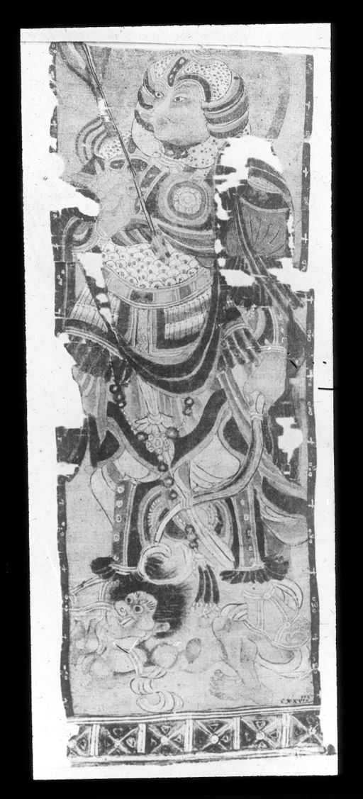 T 310: Vergleichsstück: Tempelfahne aus Dun Huang, gewappneter Dharmapāla auf Löwe