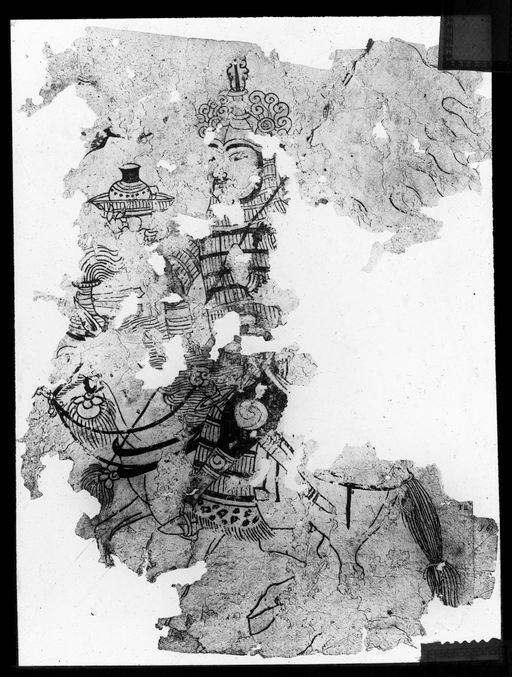 T 311: Teil eines Pothiblattes mit Zeichnung: Gewappneter Reiter und Tablett mit Gefäß darüber undeutlich ein Vogel, Darstellung aus dem Hariścandra- oder Kāñcanasāra-Avadāna