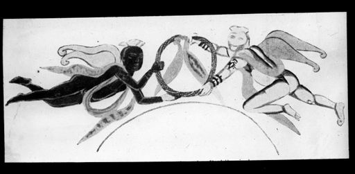 T 316: Zeichnung Grünwedel einer Wandmalerei: Kranzhalter über Buddhanische (Nike)