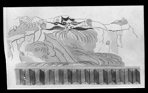 T 319: Aquarellierte Zeichnung Grünwedel einer Wandmalerei: Gorgo mit Fangzähnen krallt sich in Bergsockel (unter Amitābha?) aus: Altbuddhistische Kultstätten Fig 465