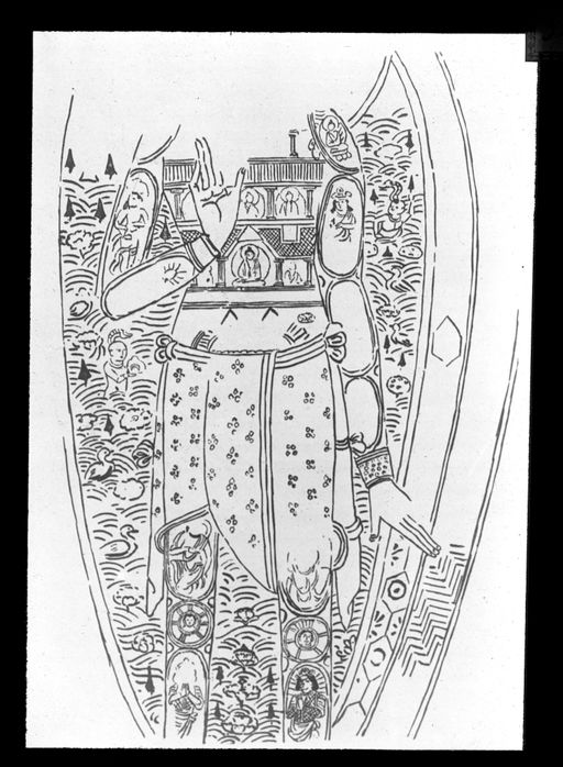 T 320: Zeichnung Grünwedel einer Wandmalerei: gepanzerter Nāgarāja in Mandorla (nach Grünwedel vielleicht Virupākṣa), Schienenpanzer an Beinen, Armen und Brust, vor Teich mit Kindern, Enten, Juwelen