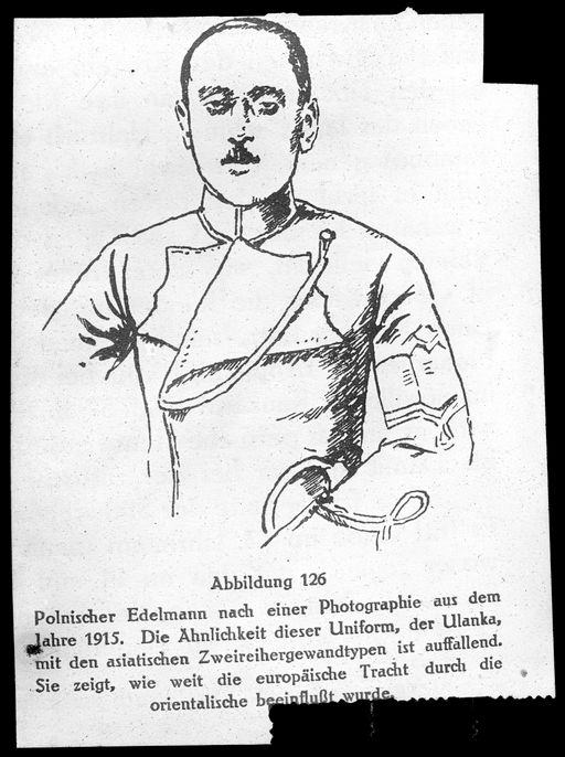 T 324: Vergleichsstück: Polnischer Edelmann, 1921, in Uniform (Ulanka). Auffallende Ähnlichkeit mit dem Klapprock, nach Tielke, Studien zur Entwicklungsgeschichte des orientalischen Kostüms. Berlin 1923. Abb. 126.