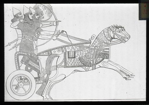 T 327: Vergleichsstück: assyrischer Plättchenpanzer eines Kriegers auf Schlachtwagen, nach Layard, Niniveh and its Remains, London 1849, vol. II, S. 350