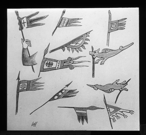 T 328: Vergleichsstücke: Formen von Lanzen und Bannern, aus La tapisserie de la reine Mathilde, Sampson Low, Marston & Co. lim., London, n.d. Encyclopaedia Britannica, Scribner, N.Y. 1879