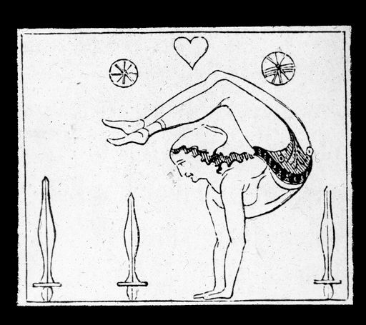 T 342: Vergleichsstück: griechische Akrobatin zwischen Schwertern auf Händen stehend, nach Guhl u. Koner, Leben der Griechen u. Römer, Berlin