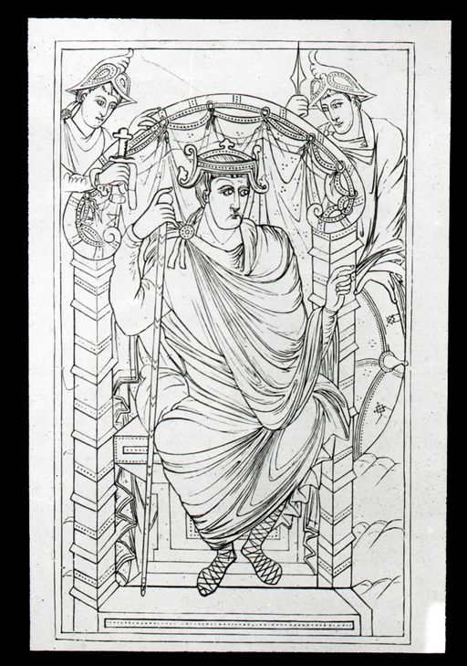 T 357: Vergleichsstück: Zeichnung einer Miniatur aus einer Bibelhandschift zu Paris: König Lothar zwischen zwei Bewaffneten thronend. Aus Middleton, Illuminated Manuscripts, Cambridge 1892, S.71