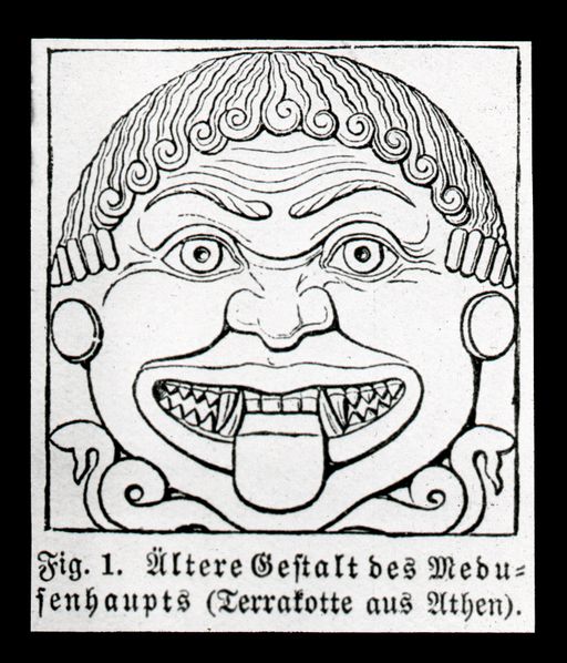 T 358: Vergleichsstück: ältere Gestalt des Medusenhauptes. Terrakotte aus Athen