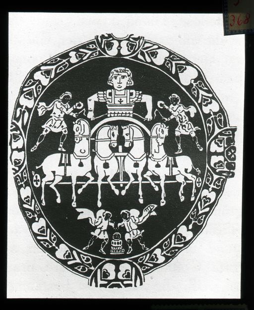 T 368: Vergleichsstück: Sonnengott in Quadriga, Seidenstoff in Musée Cluny. Nach Ch. Diehl, Manuel d'Art byzantin, Paris 1910 ; Nach Grünwedel, Alt-Kutscha