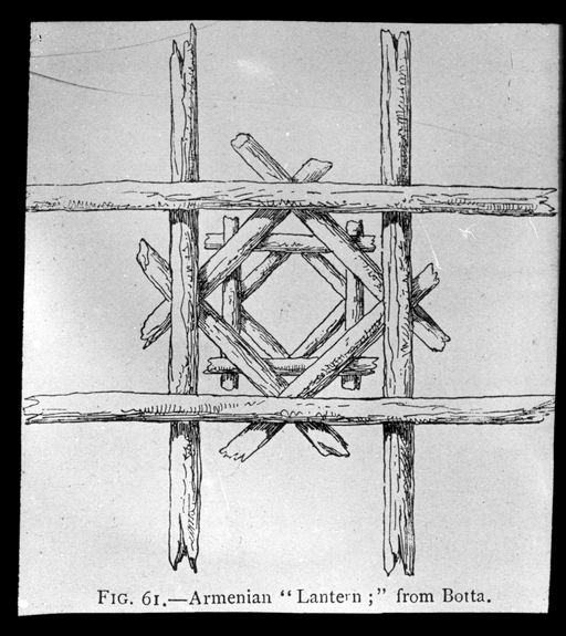 T 378: Vergleichsstück: Schema eines Laternendachs aus Baumstämmen, modern, Armenien. Aus Perrot u. Chipiez, Art in Chaldaea and Assyria, London 1884, Fig.61 (nach Botta).