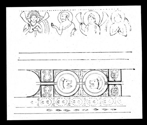 T 382: Umzeichnung einer Wandmalerei von einem Medaillonfries mit Eberköpfen, darüber (wie auf Galerien von Ostturkestan) Buddha, umgeben von Verehrern