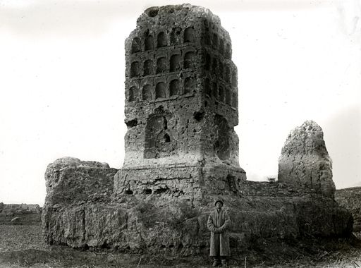 T 471: Schmaler Tempelturm mit Buddhanischen in ummauertem engen Hof im Hintergrund sieht man die Mauer der sogenannten Zitadelle