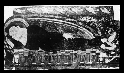 T 513: Buddha auf seinem Parinirvāṇa-Bett. Zu Füßen: Mahākāśyapa (vor Zerstörung)