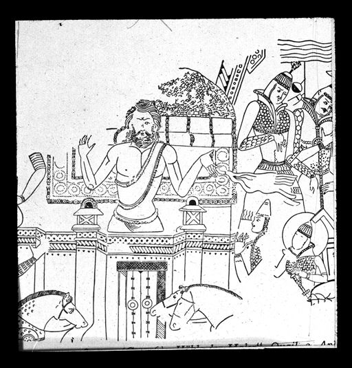 T 584: Grünwedels Zeichnung einer Wandmalerei: Droṇa und die feindlichen Heere