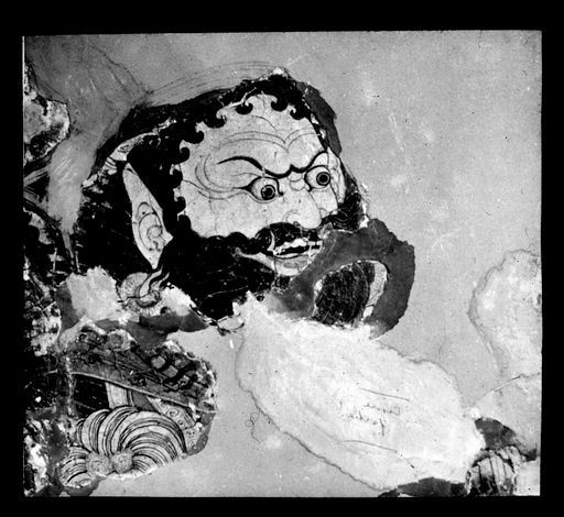 T 597: Teil einer Praṇidhi-Szene: blauhaarige Vajrapāṇi (?)