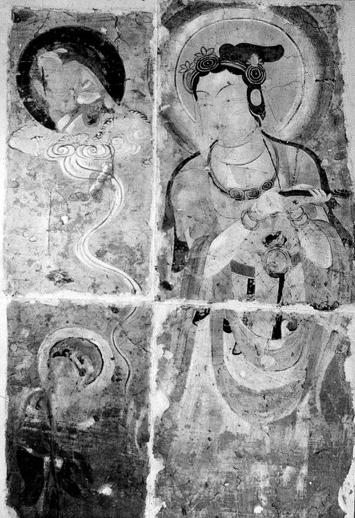 T 604: Avalokiteśvara mit Lampe, der die Seelen ins westliche Paradies geleitet, vier zusammengesetzte Fragmente