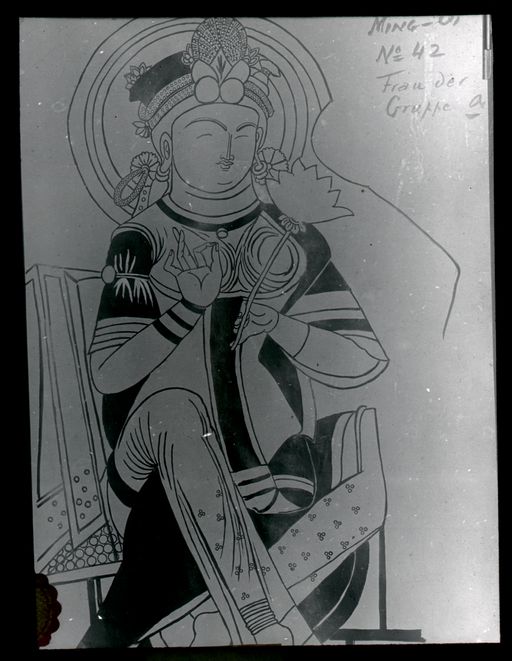 T 606: Zeichnung Grünwedel einer Wandmalerei: hockende weibliche Gottheit mit Blume