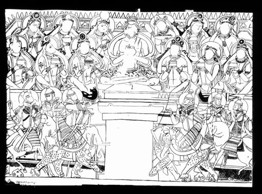 T 607: Zeichnung Grünwedel einer Wandmalerei: die Verteilung der Reliquien durch Droṇa