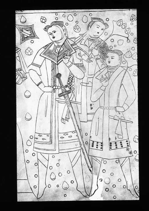 T 609: Zeichnung Grünwedel einer Wandmalerei: Detail aus T 253, die Söhne einer Stifterfamilie