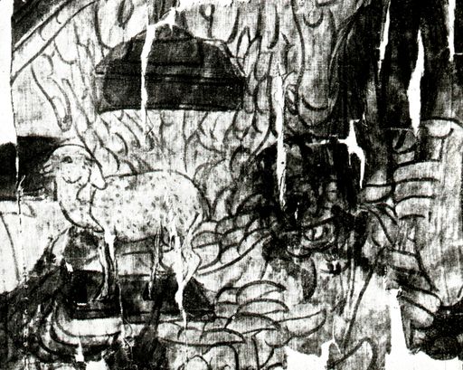 T 622: Fragment eines Seidenbildes: Vom Nimbus eines tausenhändigen Avalokiteśvara: Schaf auf einer Handfläche