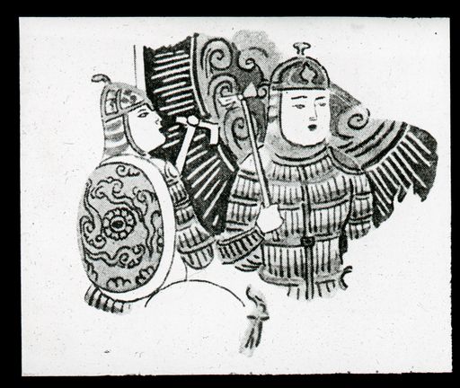 T 645: Grünwedels Zeichnung einer Wandmalerei: Krieger mit Knaufhelm Papier (?)