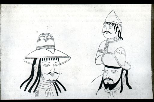 T 656: Grünwedels Zeichnung von drei Kopfbedeckungen von Kaufleuten