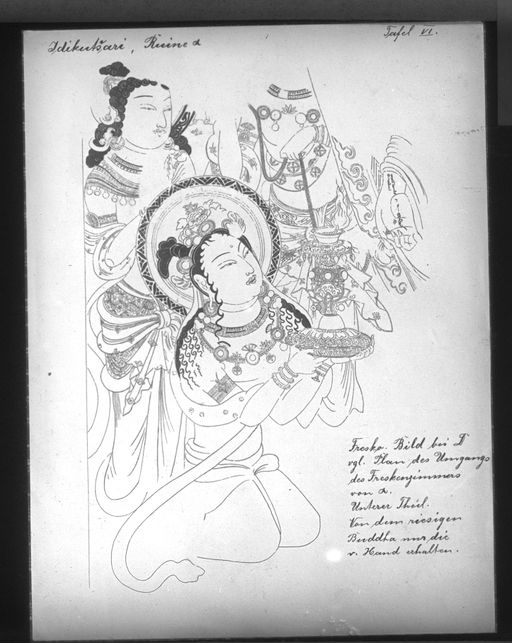 T 658: Grünwedels Zeichnung einer Wandmalerei: eines fürstlichen Gabenbringers zur Rechten eins Praṇidhibuddha, von dem nur eine Hand erhalten ist.