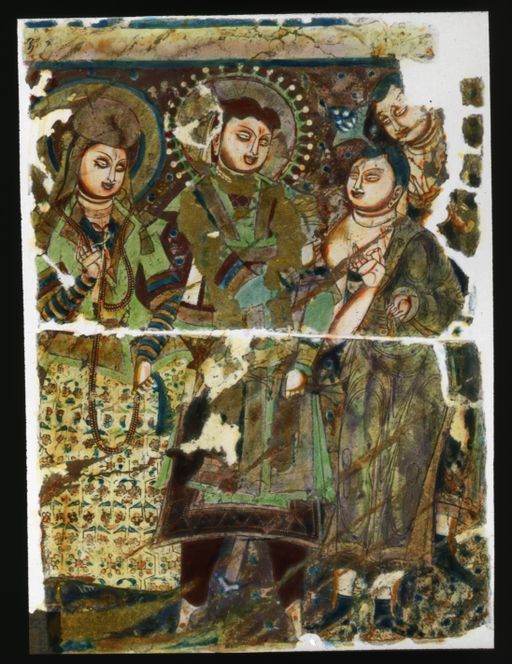 T 661: Coloriertes Dia: Stifterpaar und Mönche