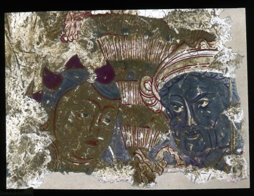 T 663: Coloriertes Dia: 2 Köpfe, Mönch und alter Mann, Wedel