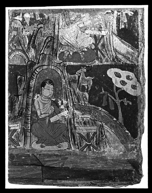 T 673: Mönch in Berghöhle mit Schreibtafel und Stift, draußen Bergziege, darüber Teil einer weiteren Schreiberdarstellung, Fremdfoto aus Publikation von Aurel Stein